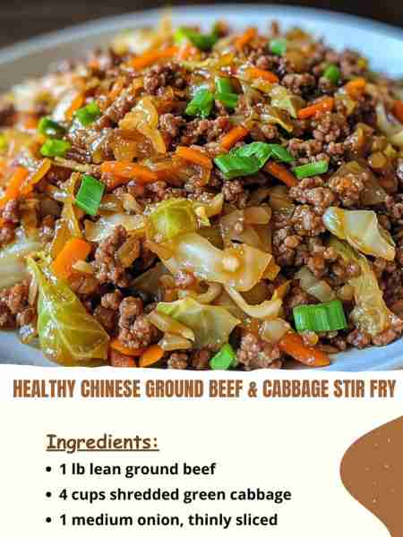 Healthy Chinese Ground Beef & Cabbage Stir Fry Ingredients 1 lb lean ground beef 4 cups shredded gre...