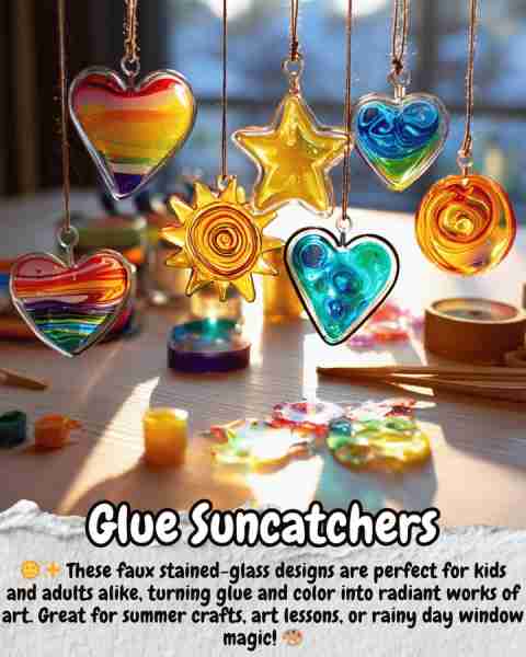 Glue Suncatchers 🛒 Materials: - White school glue (clear glue works best for crystal look) - Plasti...