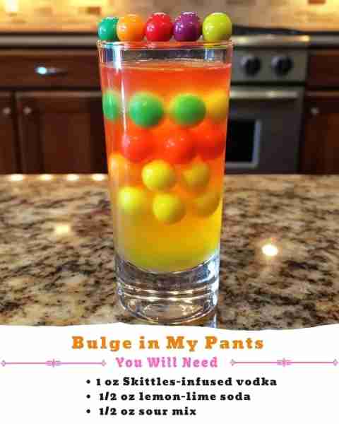Bulge in My Pants 🌈🥃 Ingredients: • 1 oz Skittles-infused vodka (your favorite flavor) 🍬 • ½ oz l...