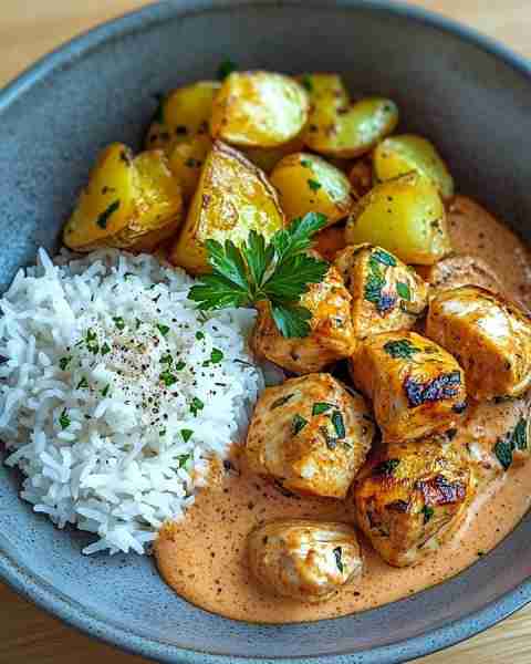 🍗 Creamy Paprika Chicken Bowl with Garlic Roasted Potatoes & Rice 🥔🍚 Prep Time: 15 mins Cook Time...
