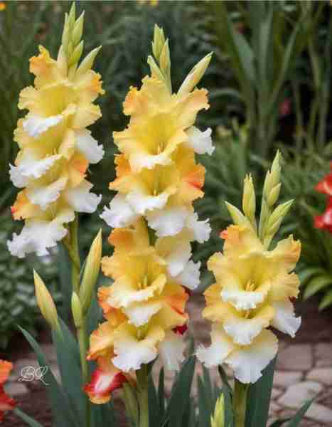 Gladiolus (Gladiolus spp.) Spectacular red and white blooms that make a striking addition to any gar...
