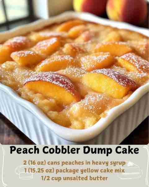 🍑 Peach Cobbler Dump Cake 🍰 Ingredients (Makes 24 servings) 2 (16 oz) cans peaches in heavy syrup...