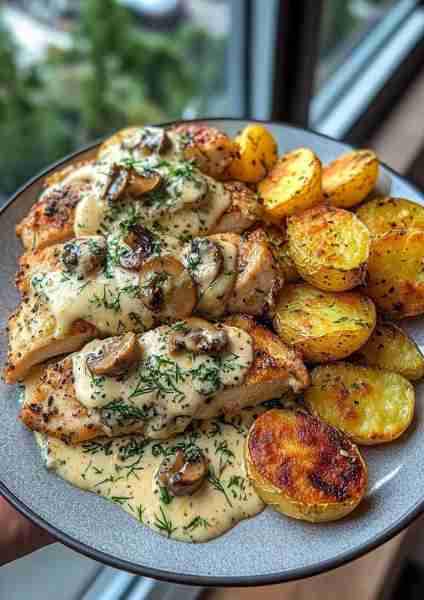 🍋🌿🐔🥔🧀 Greek Garlic Chicken & Crispy Potatoes with Lemon-Ricotta Mushroom Pesto Alfredo This sop...