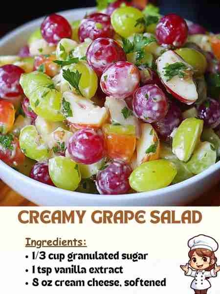 Creamy Grape Salad Ingredients 1/3 cup granulated sugar 1 tsp vanilla extract 8 oz cream cheese, so...