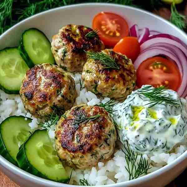 🌿 Heavenly Greek Chicken Meatball Bowl with Tzatziki & Veggies 🍚🍅🥒 Prep Time: 20 minutes Cooking...