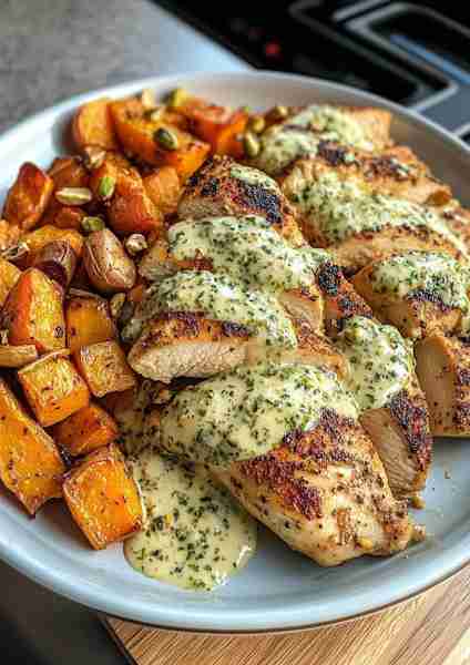 🌶️🍠🌿🌰🧄 Tuscan Chicken & Roasted Sweet Potatoes with Basil-Tahini Alfredo & Roasted Tomato Pesto...