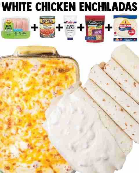Creamy White Chicken Enchiladas made with flour tortillas, shredded chicken, cheese, sour cream, and...