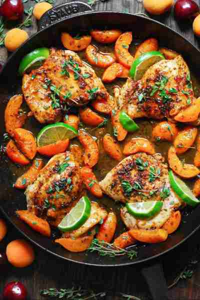 Chicken with Apricots and Maple-Lime Sauce. 🍑🍋‍🟩 It's dairy-free, gluten-free, and high in protei...