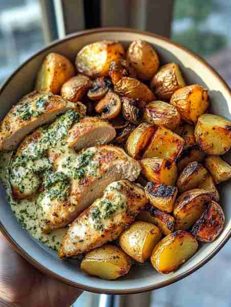 🧄🧀🐔🥔🍄✨ Garlic Parmesan Chicken with Roasted Potatoes & Spinach-Mushroom Alfredo Pesto This exq...