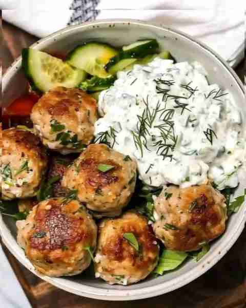 Greek Chicken Meatballs with Homemade Tzatziki Ingredients: 1 lb ground chicken 1/4 cup breadcrumbs...