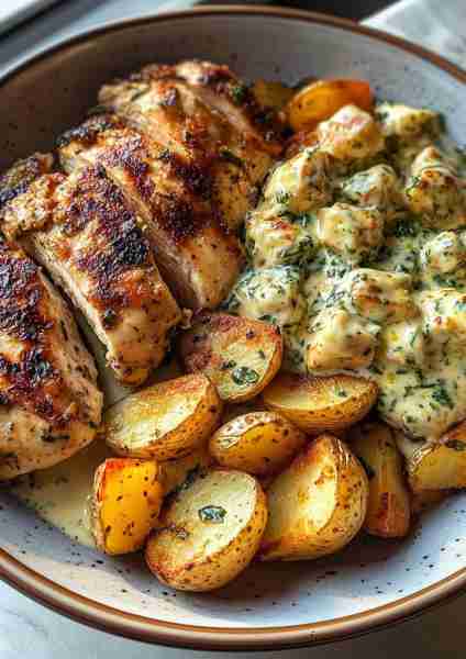 🌿🧀🐔🥔✨ Spinach-Artichoke Garlic Chicken Alfredo with Crispy Potatoes & Basil-Feta Cream This ext...