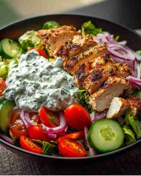 Grilled Chicken Greek Salad with Tzatziki 🍗🥗🥒 Prep Time: 20 minutes Cook Time: 10 minutes Serving...