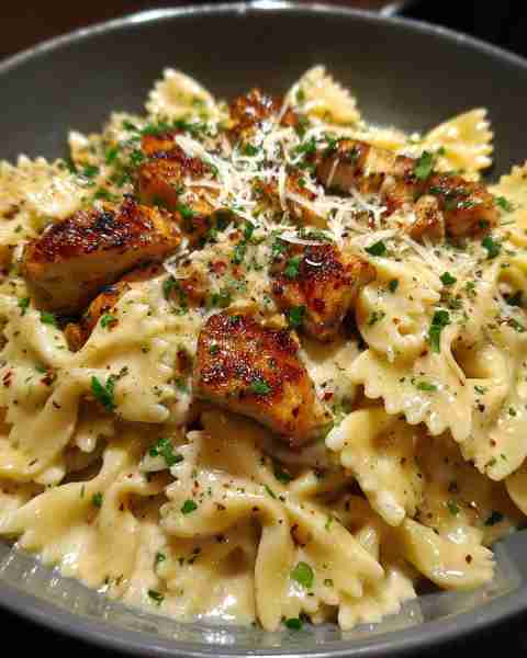 Creamy Cajun Chicken Alfredo with Bowtie Pasta Ingredients: 2 boneless, skinless chicken breasts, cu...
