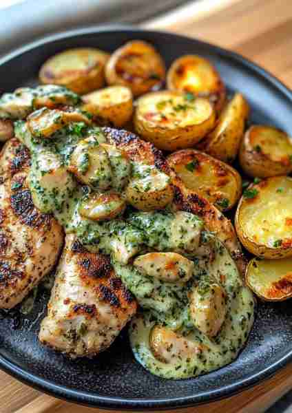 🥥🌶️🐔🥔🧀🌽 Coconut Herb Chicken Alfredo with Crispy Potatoes & Roasted Jalapeño-Feta Pesto This in...