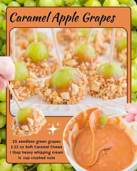 CARAMEL APPLE GRAPES! 25 seedless green grapes 2.22 oz Soft Caramel Chews 1 tbsp heavy whipping crea...