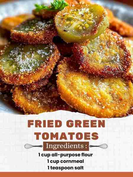 Fried Green Tomatoes Ingredients: 4 medium green tomatoes, sliced about 1/2 inch thick 1 cup all-pur...