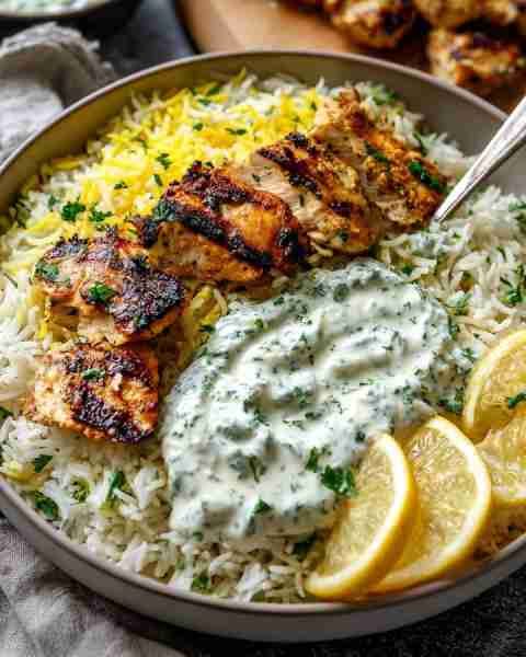 Zesty Grilled Chicken Bowl with Herbed Rice & Yogurt Sauce 🍗🍋🍚 Prep Time: 20 minutes Cook Time: 2...