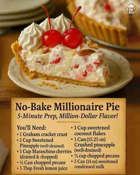 🍒 No-Bake Millionaire Pie 5-Minute Prep, Million-Dollar Flavor! 😋 So creamy, fruity, and downright...