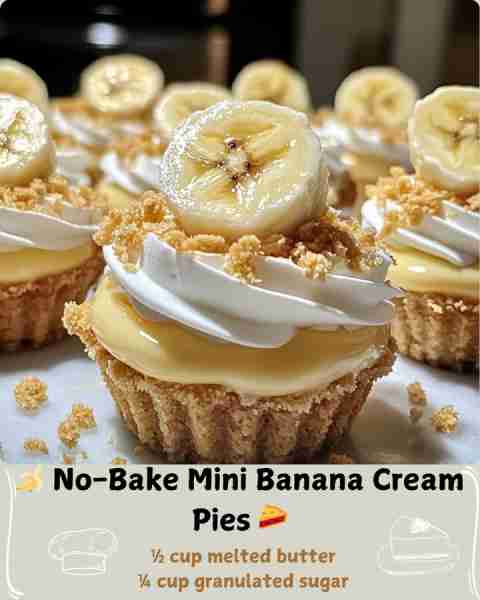 🍌 No-Bake Mini Banana Cream Pies 🥧 🧾 Ingredients (Makes 12 Mini Pies) For the Crust: 1½ cups grah...