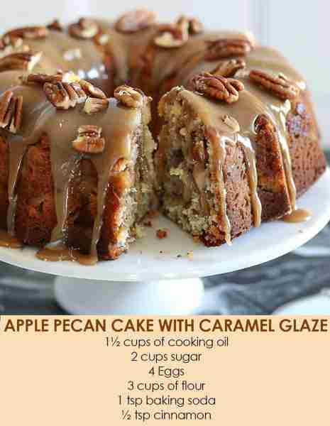 APPLE PECAN CAKE WITH CARAMEL GLAZE ( in comments )