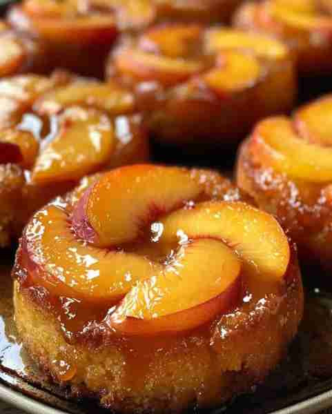 Peach Upside Ingredients 3 ripe peaches, sliced 1/3 cup unsalted butter, melted 1/2 cup brown sugar...