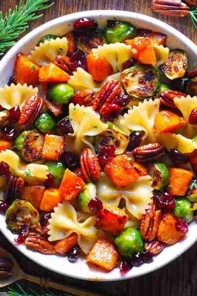 🍁 Butternut Squash Pasta Salad with Brussels Sprouts, Pecans, Dried Cranberries, and Balsamic Glaze...
