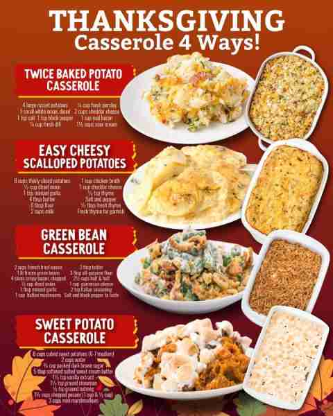 Hosting Thanksgiving? These 4 casseroles are sure to impress 🦃💛 Ingredients 💛 Twice Baked Potato...
