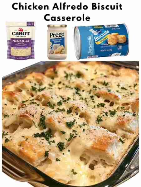 Chicken Alfredo Biscuit Casserole Ingredients: - 2 cups cooked and shredded chicken - 1 can refriger...