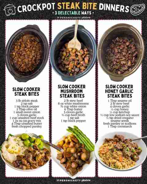Steak Bites made 3 different, DELICIOUS ways in your crockpot! ✴️ Slow Cooker Steak Bites 3 lb sirlo...