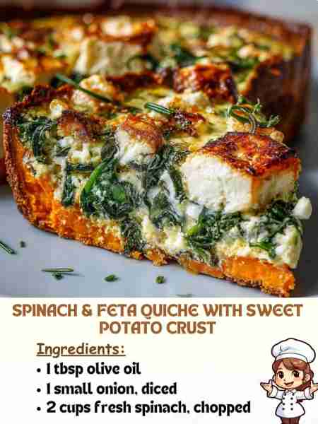 Spinach & Feta Quiche with Sweet Potato Crust Ingredients: 1 tbsp olive oil 1 small onion, diced 2 c...