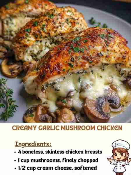 Creamy Garlic Mushroom Chicken Ingredients 4 boneless, skinless chicken breasts 1 cup mushrooms, fi...