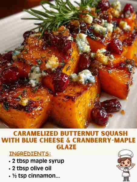 🍂✨ Caramelized Butternut Squash with Blue Cheese & Cranberry-Maple Glaze 🧀🍯 Ingredients 1 large...