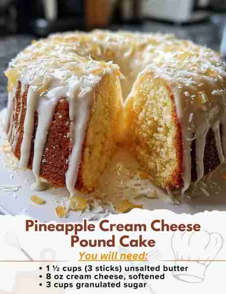 Pineapple Cream Cheese Pound Cake Ingredients: For the Pound Cake: - 1 ½ cups (3 sticks) unsalted bu...