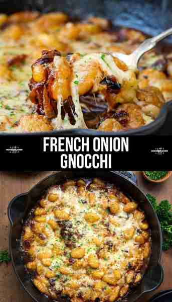 French Onion Gnocchi is tender potato gnocchi simmered in a rich caramelized onion and beef broth sa...