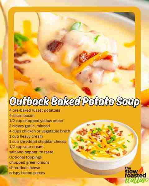 Copycat Outback Baked Potato Soup 😋 4 pre-baked russet potatoes 4 slices bacon 1/2 cup chopped yell...