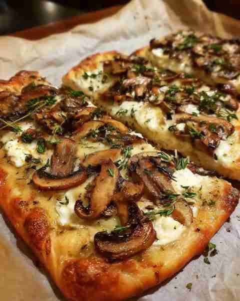 Roasted Mushroom and Thyme Flatbread with Mozzarella Ingredients: 2 store-bought flatbreads or naan...