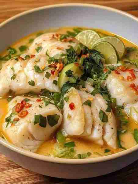 🥥🌿 Coconut Lime Fish Soup 🍲🌊 Ingredients: 1 lb (450g) white fish fillets (like cod, snapper, or...