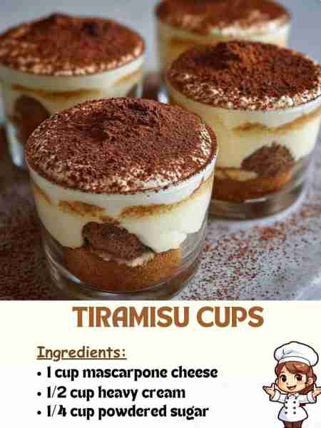 Tiramisu Cups Ingredients 1 cup mascarpone cheese ½ cup heavy cream ¼ cup powdered sugar ...... Ful...