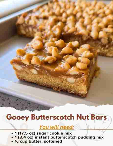Gooey Butterscotch Nut Bars Ingredients: - 1 (17.5 oz) sugar cookie mix - 1 (3.4 oz) instant butters...