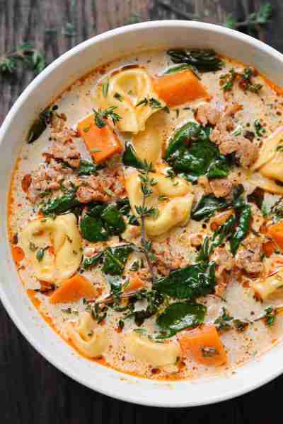 🍁🍂 Creamy Italian Sausage Tortellini Soup with Spinach, Sweet Potatoes (or Butternut Squash), Garl...