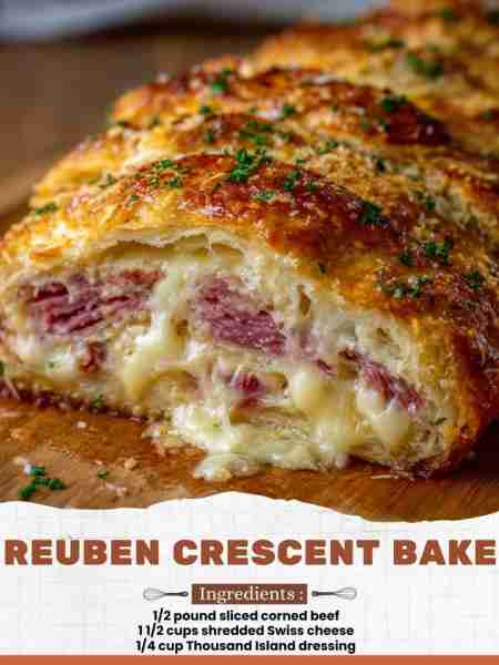 Reuben Crescent Bake Ingredients: ½ pound sliced corned beef 1 ½ cups shredded Swiss cheese ¼ cup Th...