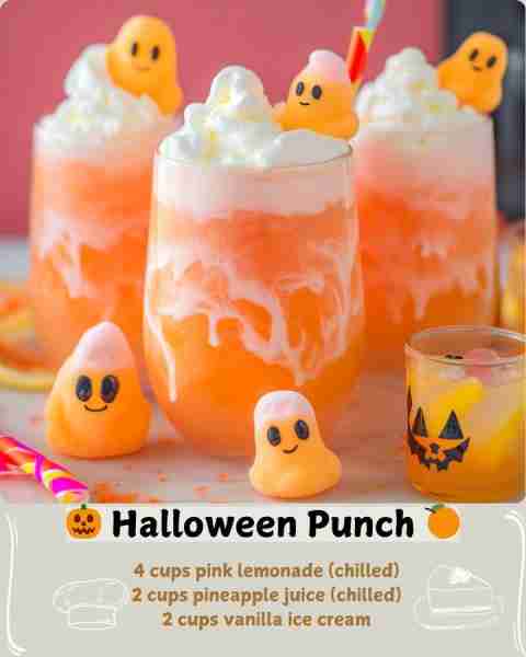 🎃 Halloween Punch 🍊 What You Need (Makes 4–6 servings) 4 cups pink lemonade (chilled) 2 cups pinea...