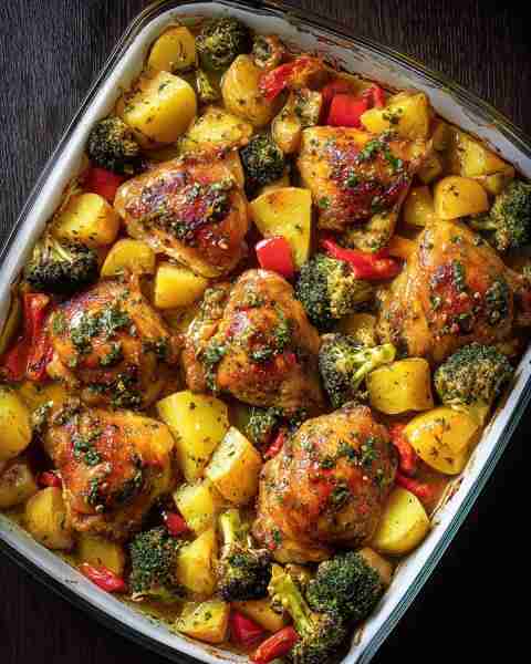 Mouthwatering Herb-Roasted Chicken & Veggie Tray Bake 🍗🥔🌿 Prep Time: 15 minutes Cook Time: 45 min...