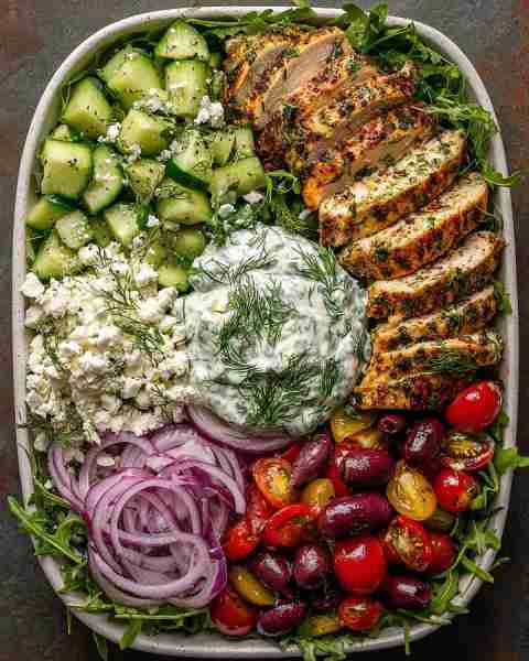 Mediterranean 🌿 Grilled Chicken Salad Bowl with Tzatziki Prep Time: 20 mins Cook Time: 15 mins Serv...