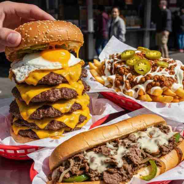 🍔🍟 Feast mode ON! Giant messy burger stacked high, gooey cheese pulls, fried egg yolk dripping, sp...
