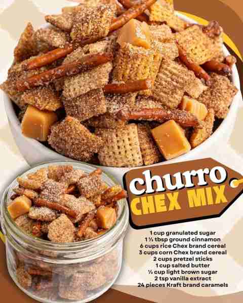 CHURRO CHEX MIX! 1 cup granulated sugar 1 ½ tbsp ground cinnamon 6 cups rice Chex brand cereal 3 cup...