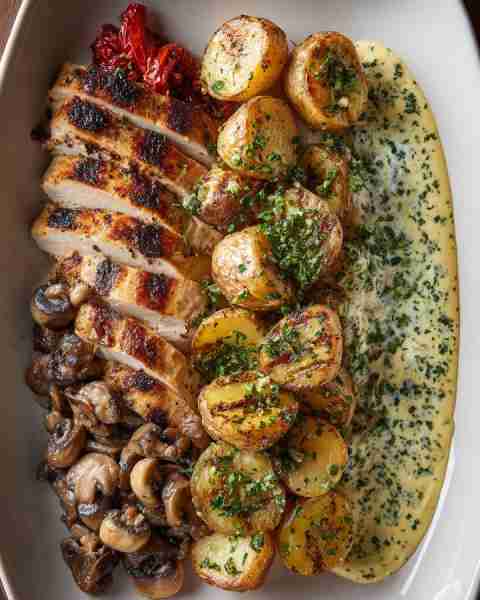 Golden 🍗 Grilled Chicken with Herb Potatoes, Mushrooms & Creamy Sauce Prep Time: 20 mins Cook Time:...