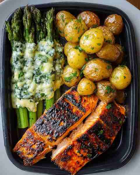 A keeper for sure — Grilled Salmon with Baby Potatoes & Cheesy Asparagus
