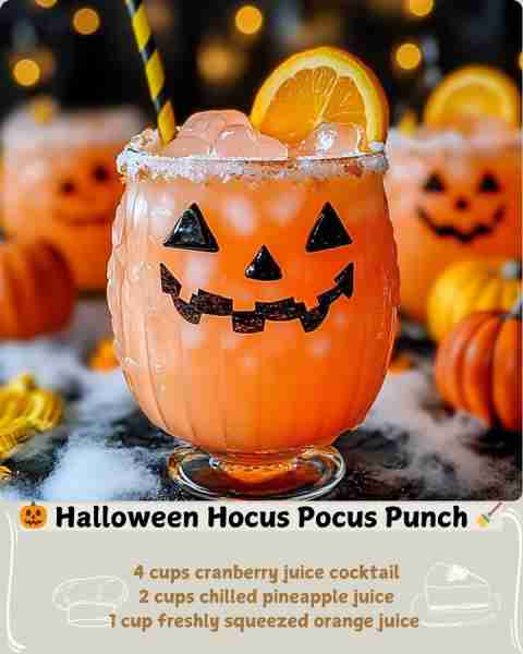 🎃 Halloween Hocus Pocus Punch 🧹 Ingredients: 4 cups cranberry juice cocktail 2 cups chilled pineap...