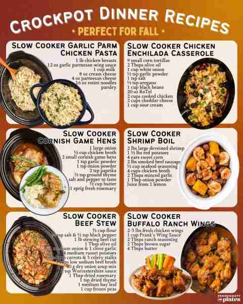 Six MORE crockpot dinner recipes perfect for the changing seasons. ✴️ Slow Cooker Garlic Parmesan C...